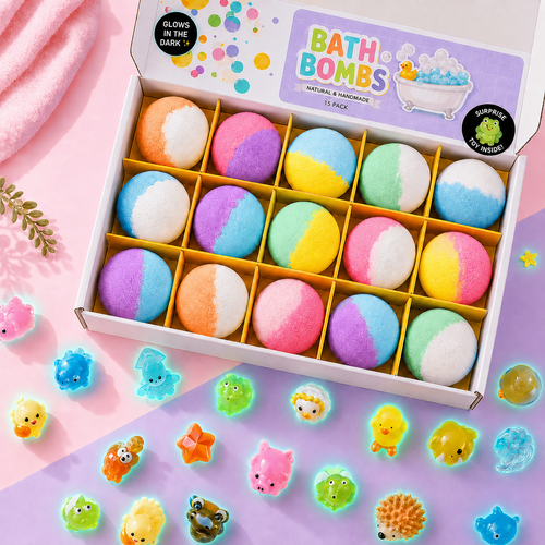 TinyCorner 15-pack glow-in-the-dark bath bombs with glowing surprise toys